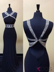 Sexy Mermaid Long Beaded Backless Prom dress-Navy Blue Sleeveless Prom dress