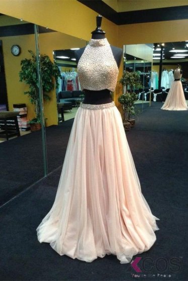 2016 Pearl Pink Halter Two Piece Beaded Long Prom Dresses