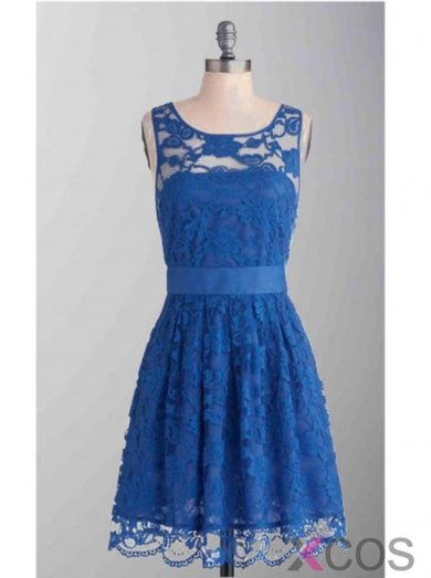 Hot Sale Royal Blue Scoop Lace Short Knee Length Bridesmaid Dress LABD-80058