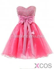 Simple-dress Discounted Strapless Beaded A-line Short Organza Ribbon 2015 Homecoming Dresses/Party Dresses ORHD-70833