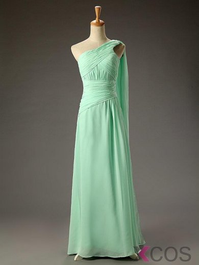 Simple A-line One Shoulder Chiffon Empire Long Mint Backless Prom Dress With Ruffles