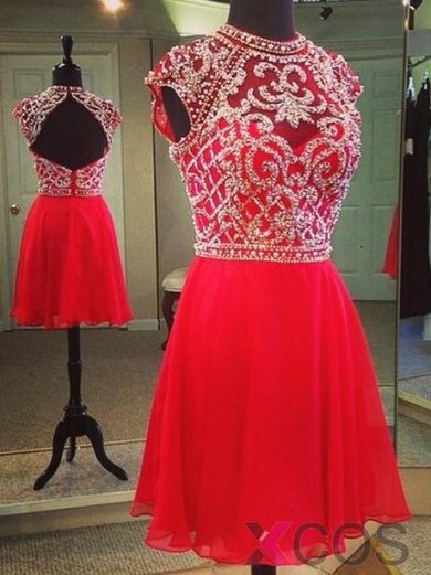 Simple-dress Handmade Beaded Capped Mini Red Chiffon Homecoming Dresses/Cocktail Dresses/Sweet 16 Dress CHHD-70715