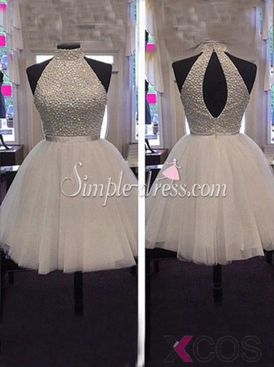 Simple-dress Luxurious Beaded High-neck Short 2015 Tulle Homecoming Dresses/Party Dresses TUHD-70815