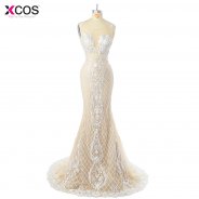 2018 Scoop Floor Length Appliques Pleat White Lace Prom Dresses Elegant Mermaid Evening Dress Long