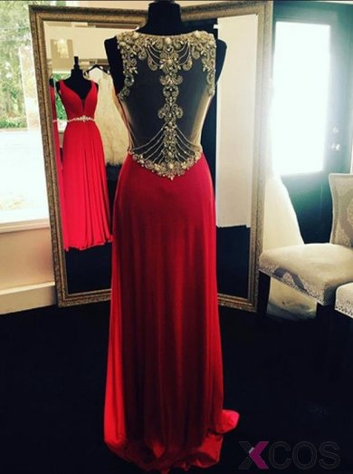 Glamorous Sheath V-Neck Floor Length Red Prom Dress/Evening Dress with Beading