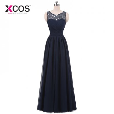 XCOS Navy Blue Long Evening Dress 2018 Real Picture Green Chiffon A-Line Sleeveless Beadings Evening Dresses Pleat Abendkleider