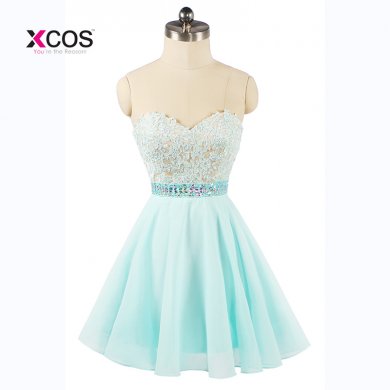 Crystal Beads Aqua Short Cocktail Dresses 2018 Sweetheart Chiffon Homecoming Party Dress Graduation Gown Vestidos De Festa Curto