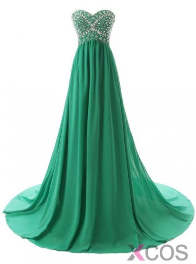 Simple Dress Handmade Beading Sweetheart Long A-line Green Chiffon Prom Dresses/Evening Dresses CHPD-7136