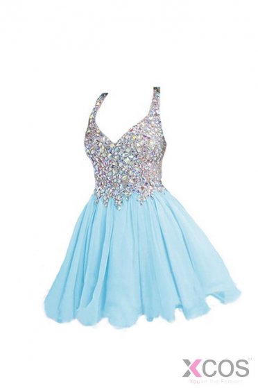 Light Sky Blue Beaded V-neck Homecoming Dresses ED0687