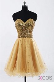 Gold Sweetheart Beaded Backless Back Up Lace Homecoming Dresses ED0679