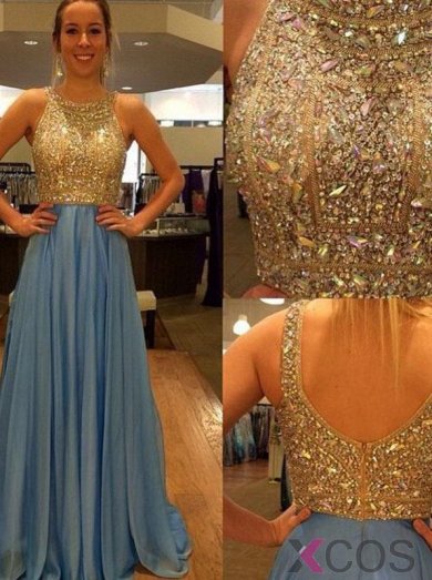 Luxurious A-line Sequined Crew Long Chiffon Prom Dress Party Dress