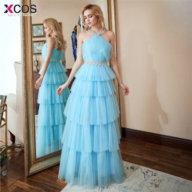 New Arrival Long Prom Dresses 2018 Luxury Beaded Top Tank Sleeveless Crystals Blue Tulle Formal Evening Dress Party Gown