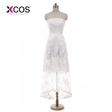 XCOS White Ivory Short Wedding Dress Lace Strapless Simple Bridal Gowns 2018 Real Sample vestido de noiva Zipper Back