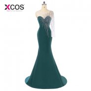 XCOS Long Prom Dress Elegant Green Mermaid Beading One Shoulder Long Sleeve Special Occasion Dresses 2018 vestido de festa