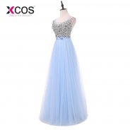 XCOS New Arrival Luxury Long Style Dresses Bling Beading Tulle Evening Dresses Prom Party Crystal Pearls Floor Length