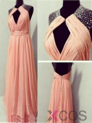 Simple Dress Elegant A-line Beading Key-hole Long Chiffon Prom Dresses/Evening Dresses CHPD-7023