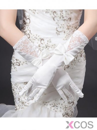 White Satin Fingers Bridal Gloves With Bow