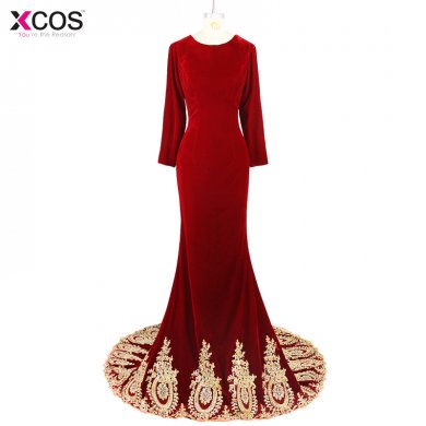 Real Photo 2018 Applique Beaded Robe de Soiree Muslim Evening Dresses Long Sleeve Dubai Burgundy Velvet Mermaid Prom Dress