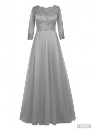 Elegant A-line Scalloped-Edge Floor-length Chiffon Half Sleeves Gery Long Prom Dress