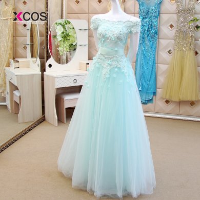 Vestido de Festa Longo Lace Boat Neck Prom Dresses Long Tulle Appliques Flowers Beads Sleeveless A line Party Gown Evening Dress