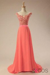 Elegant Watermelon Charming Long Chiffon Lace Prom Dresses