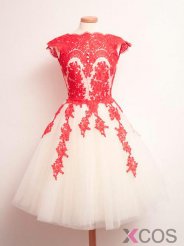 Simple Dress Short A-line Red Applique Light ChampagneTulle Prom Dresses/Homecoming Dresses/Party Dresses TUPD-7126