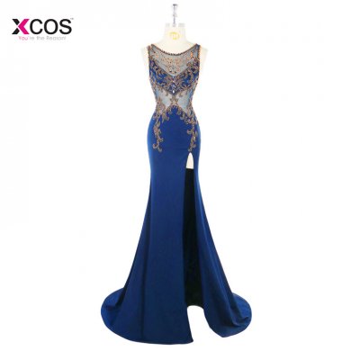 Navy Sexy High Side Slit Mermaid Evening Dresses Long 2018 Crystals Beading Illusion Backless Formal Evening Gown Vestido Longo