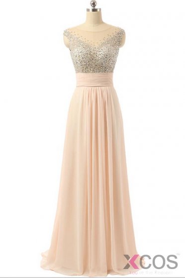 Cap Sleeves Chiffon Empire Waist Beaded Long Prom Dresses ED0960