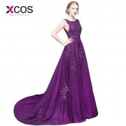 XCOS Wonderful Purple Evening Dresses 2018 Best Abendkleider Lace Appliques Beads Long Prom Gowns Sweep Train QA245