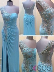 Elegant One Shoulder Beading Split Side Long Blue Prom Dresses Party Gowns CHPD-70957