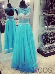 Elegant A-Line Floor Length Tulle Scoop Beaded Backless Prom Dress