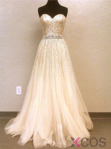 2015 Elegant A-line Sweetheart Floor Length Tulle Sequin Prom Dress TUPD-7296