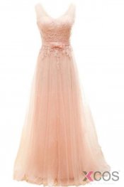 Charming Long Blush Pink Lace Elegant A-line Prom Dresses OK11