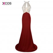 Shining Burgundy 2018 Prom Dresses Mermaid Halter Beaded Crystal Jersey Women Long Prom Gown Evening Dresses Robe De Soiree