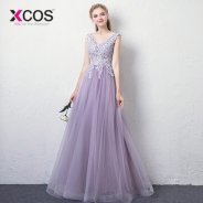 XCOS Long Prom Dresses 2018 Purple Occasion Dresses for Women Evening Gowns Lace Beading Vestido Marsala Buy Direct from China