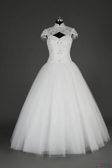 Simple Dress 2015 Handmade Wedding Dresses, High Neck Capped Beading Wedding Dresses, Long White Tulle Wedding Dresses TUWD-7056