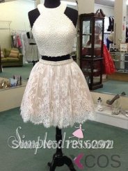 Fashion Crew Pearl Two - pieces Homecoming Dresses Short Prom Dresses with Lace Appliques LAHD-71120