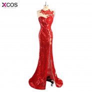 Robe De Soiree Real Photos Red Sequined Evening Party Gowns 2018 Sleeveless Front Slit Long Prom Dresses galajurken lang