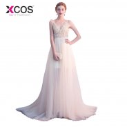 XCOS Light Champagne vestidos de formatura V Neck Tulle Beads Pearls Long Prom Dresses Best Selling Sequin Evening Gowns 2018