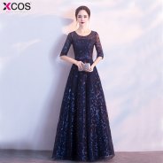 Evening Dresses Long Dress Vestido de Festa A-line Appliques Gown Half Sleeve Sequined Elegant Navy Blue Prom Party Dress 2018