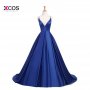 2018 Sexy V neck Spaghetti Straps Royal Blue Formal Dresses Criss Cross Back Pleats Long Dress Prom Party Evening Wear
