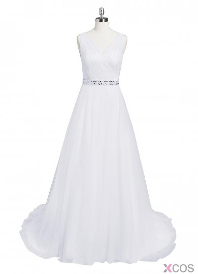 Elegant V-neck Beaing A-line White Sweep Train Wedding Dress