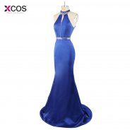 Blue Mermaid Sexy Halter Prom Dresses Floor Length Satin Formal Party Gown Crystal Beaded Evening Dress