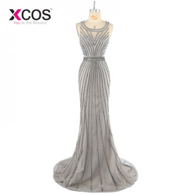 Real Photos Tulle Crystal Grey Color Party Occasion Formal Long Evening Dress African Prom Dresses Evening Gown 2018 SC275