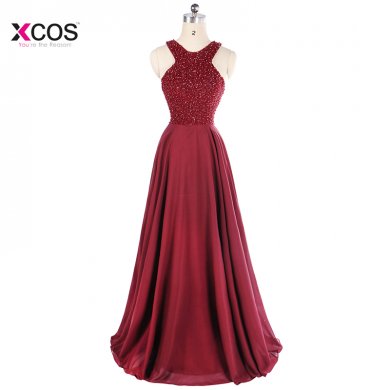 Burgundy Beaded Long Prom Dresses 2018 Halter Chiffon Floor Length A Line Sleeveless Special Occasion Party Dress Evening Gown