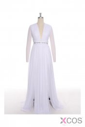 Simple White Chiffon Deep V-neck Long Wedding Dresses ED0674