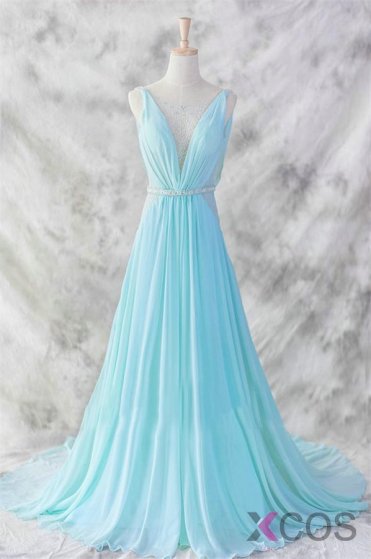 Ice Blue Simple Deep V-neck Beaded Open Back Prom Dresses OK22