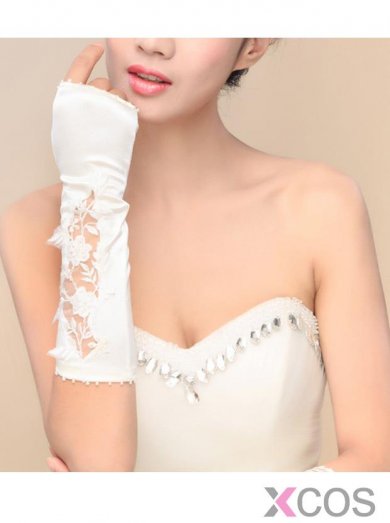 Fingerless White Elbow Length Satin Bridal Gloves With Pearls