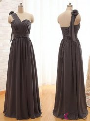 Romantic Sheath One-Shoulder Floor Lengrh Grey Bridesmaid Dress with Flower