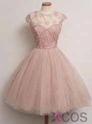 Vintage Scoop Beading Knee-length Pink Prom Dresses A-line Homecoming Dresses CHHD-70903